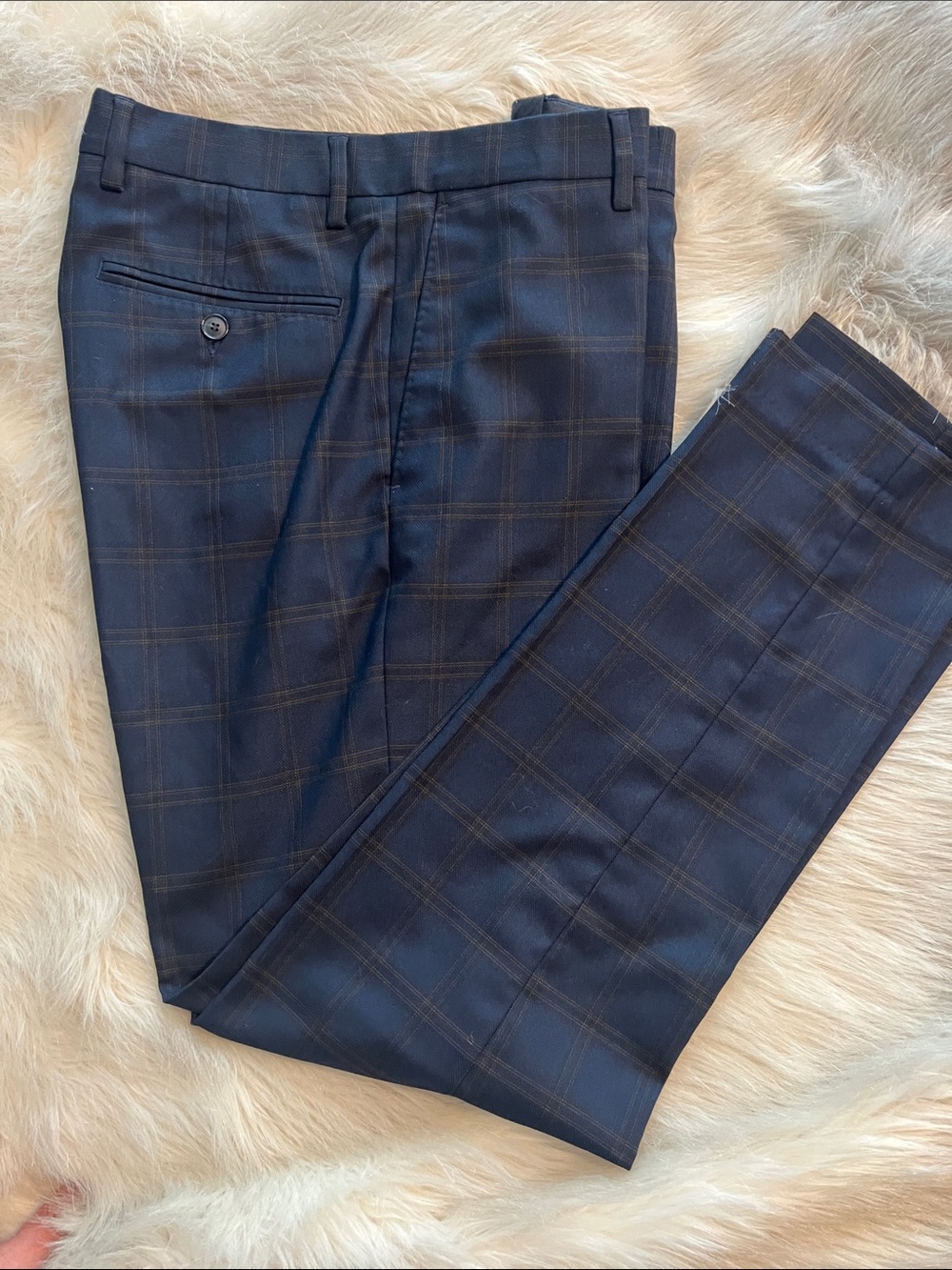 Men's Navy Plaid Dress Pants - Picture 2 of 4